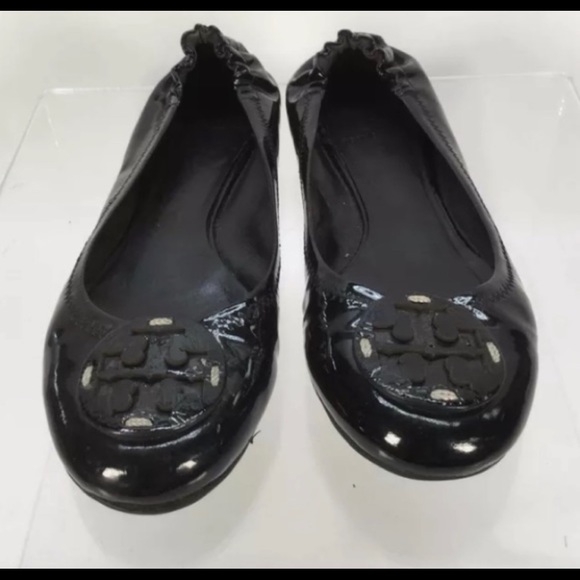 Tory Burch Black Patent Leather Embroidered Logo Reva Flats SZ 8 - Picture 2 of 6